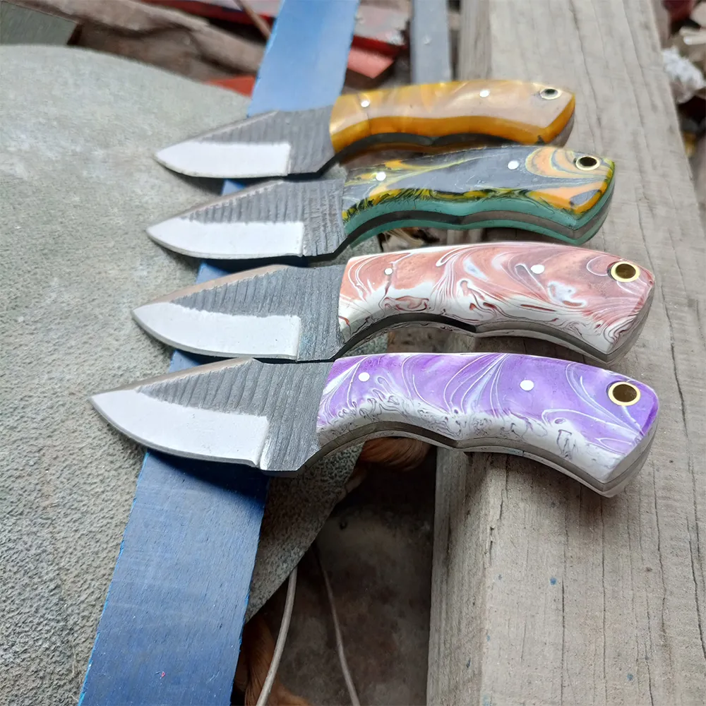 4 Piece"HAND FORGED RAILROAD SPIKE CARBON STEEL KNIFE &RISEN HANDLE AH DAMASCUS, Gift For Hunters, Personalized Gift Knife, Groomsmen Knives Set