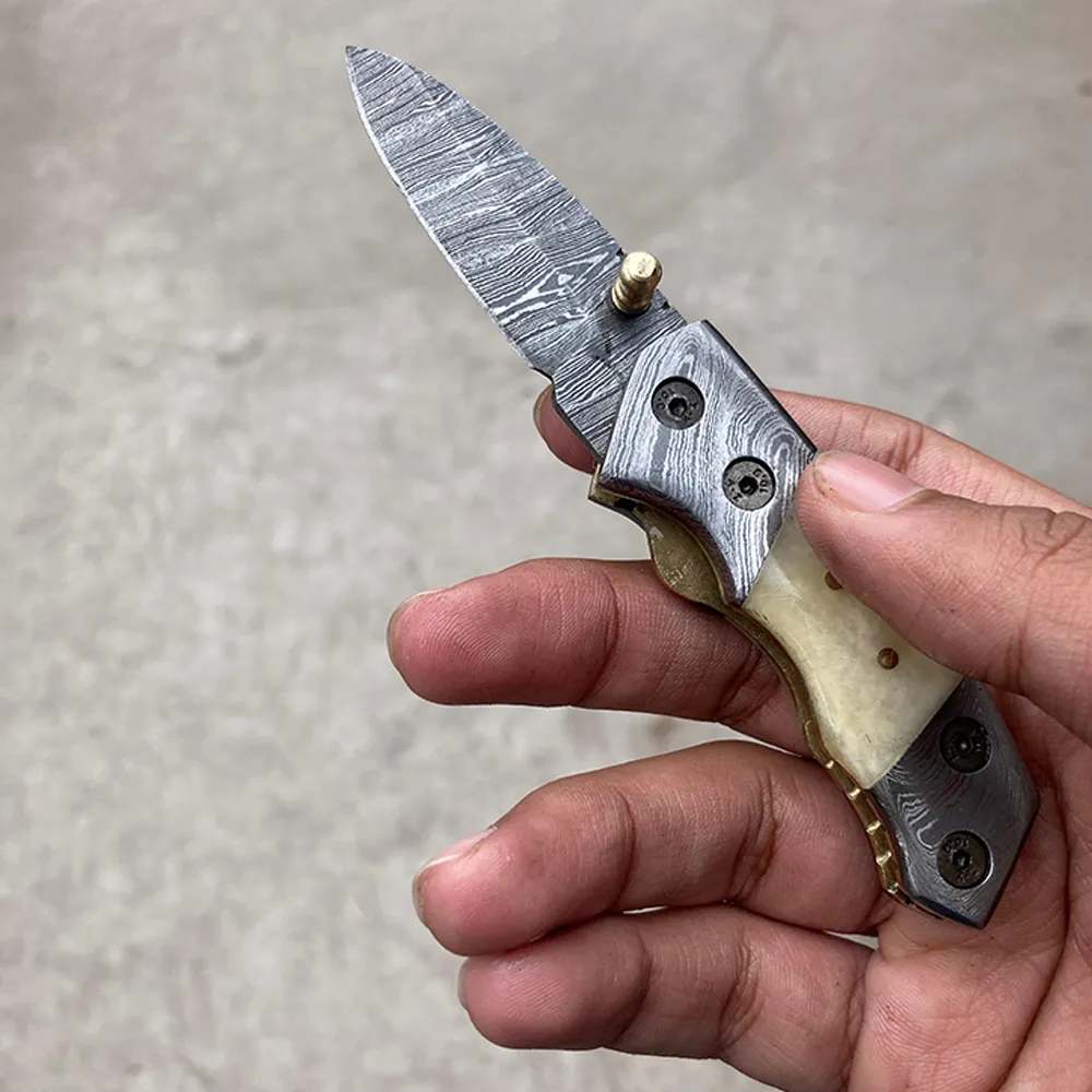 Bone Handle 5.5 Inches Handmade Damascus Steel Folding Pocket Knife Gift for Boyfriend, Fathers Day Gift, Groomsmen Gift for Men