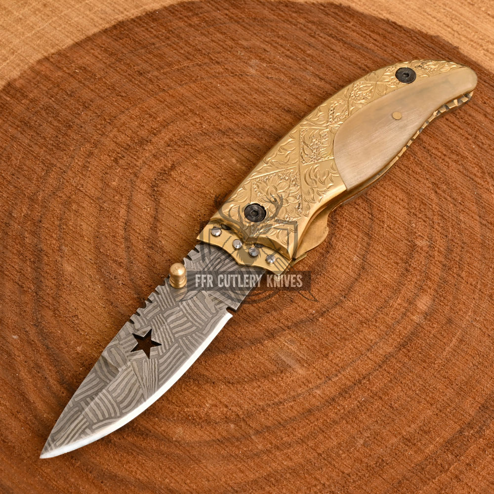 Handmade Folding knife Blade Mosaic Pattern Handle Brass engrave&Horn Pocket knife-Gift for Boyfriend, Fathers Day Gift ,Anniversary Gift for him