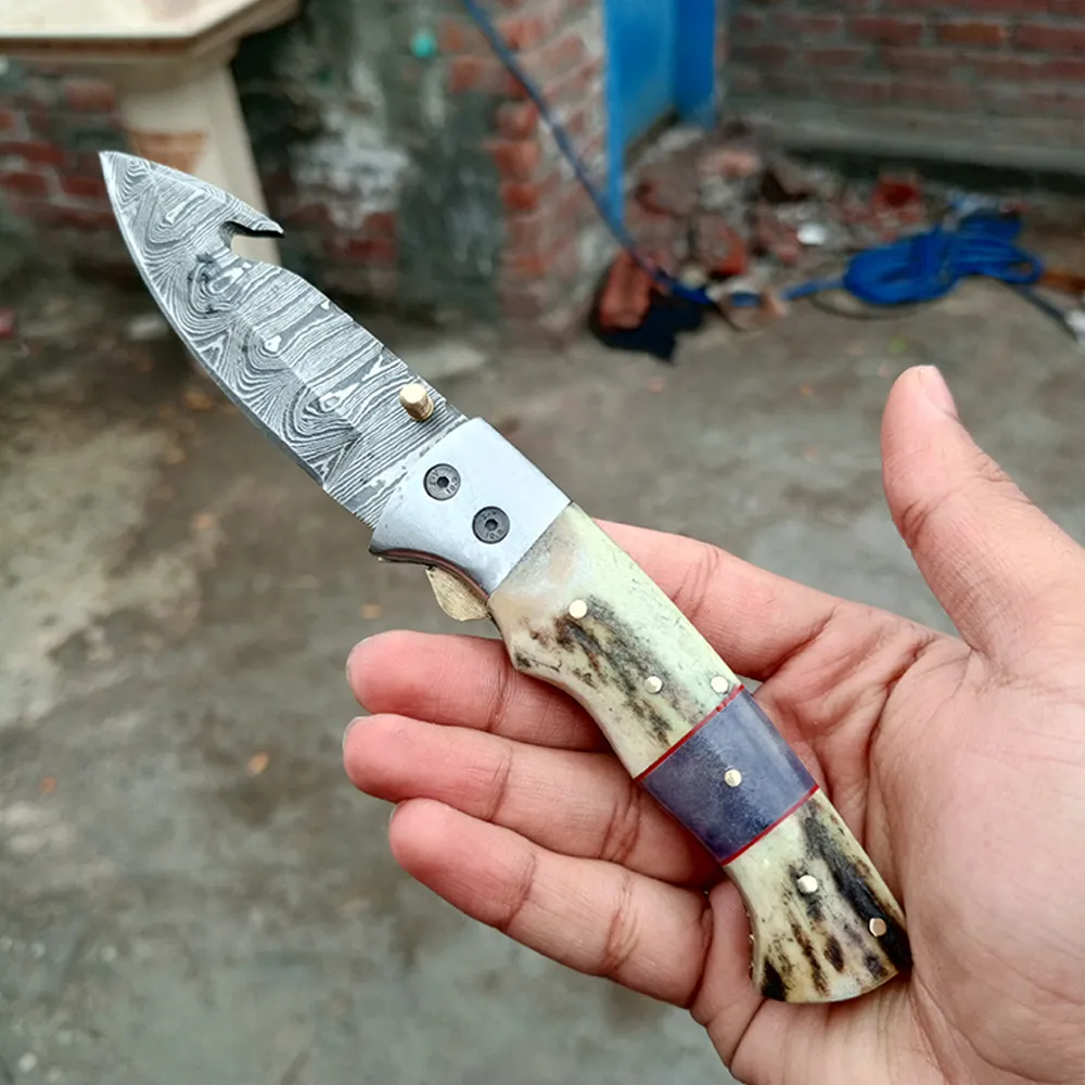 Antler Horn Handle Handmade  Damascus Blade Folding Pocket Knife-Special Gift for Any Occasion Personalized Gift and  Anniversary Gift for him