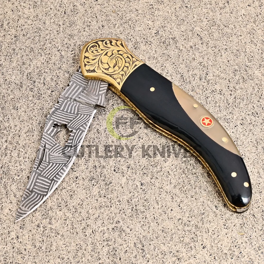 CUSTOM HAND MADE  FOLDING POCKET KNIFE BUFFALO HORN & Engrave Brass Bolster Handle-Gift for Boyfriend, Fathers Day Gift ,Anniversary Gift for him beautiful knife