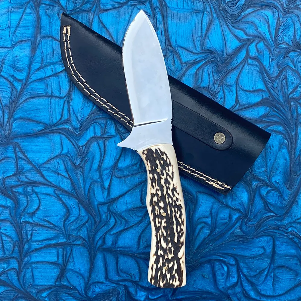 Custom Handmade D2 Steel Skinning Knife | Antler Horn Handle | 8 Inches | Leather Sheath-Gift For Hunters, Personalized Gift Knife, Groomsmen Knife 
