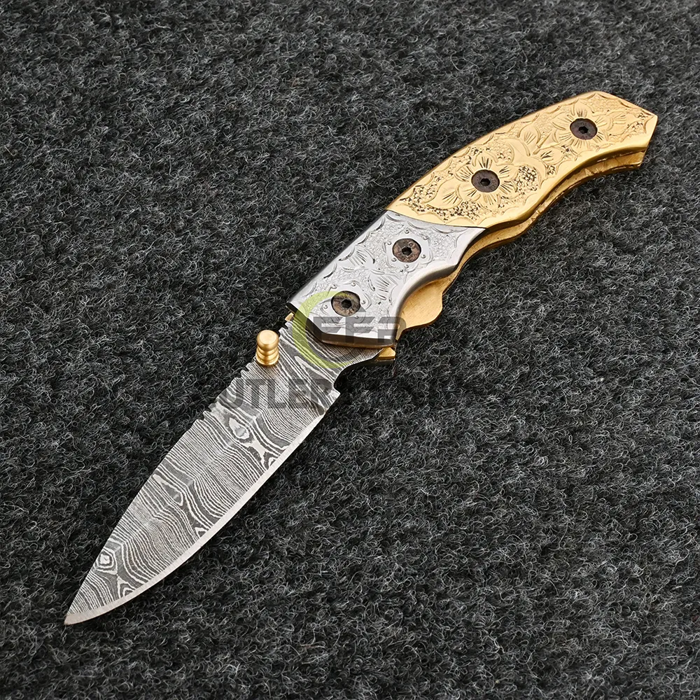 Custom Handmade Damascus Steel Manual Folding Knife - Beautiful Design Handle with Steel & Brass Bolsters-Special Gift for Any Occasion Personalized Gift and  Anniversary Gift for him