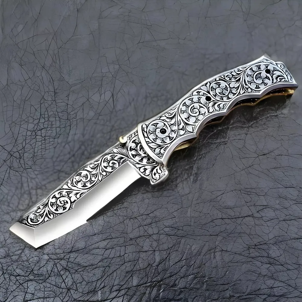 Custom Handmade Stainless Steel Folding  Knife Hand Engraved With Sheath--Special Gift for Any Occasion Personalized Gift and  Anniversary Gift for him