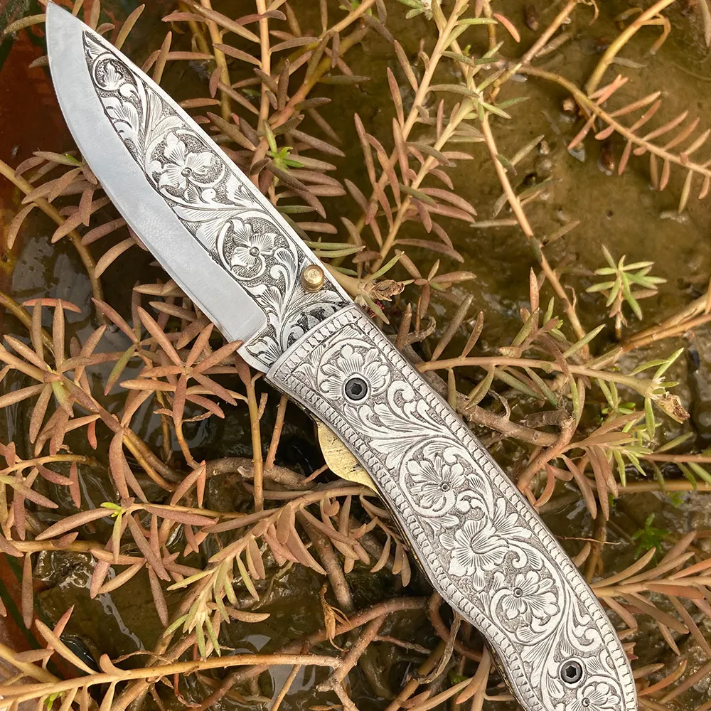 Folding Knife, Hand Engraved D2 Steel Folding knife, Handmade Pocket Knife, Camping Knife, Hunting Knife, Anniversary Gift, Best Gifts