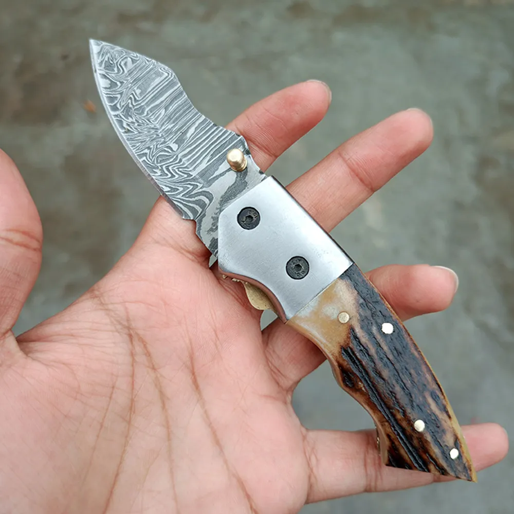 Handmade Damascus Folding Knife with leather sheath-Special Gift for Any Occasion Personalized Gift and  Anniversary Gift for him