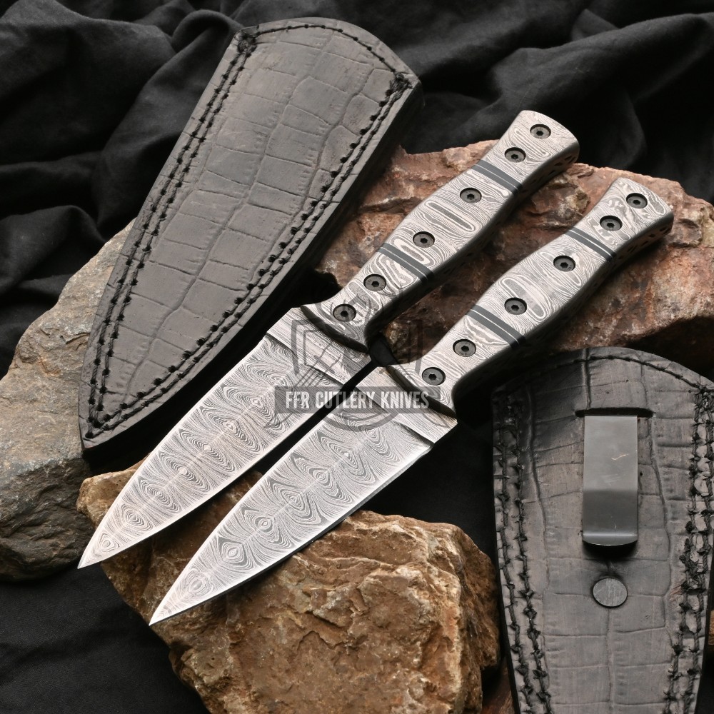 2-Piece Scottish Dirk SGIAN DUBH Knife Forged Damascus Steel Dagger Double Edge FullTang-Gift for Boyfriend, Fathers Day Gift ,Anniversary Gift for him,Groomsmen Knives Set
