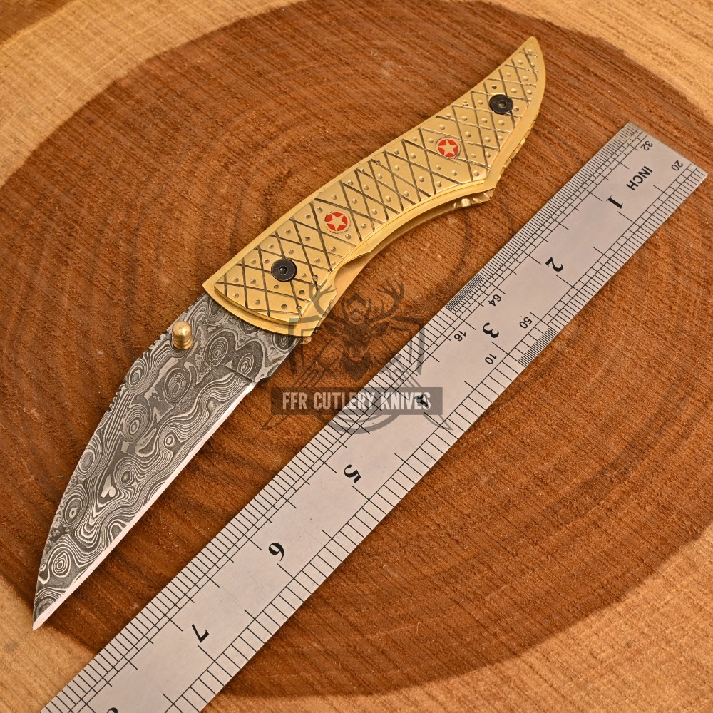 Luxurious Folding Pocket knife Brass&Engrave Handle Handmade Raindrop  Damascus steel Blade-Gift for Boyfriend, Fathers Day Gift ,Anniversary Gift for him