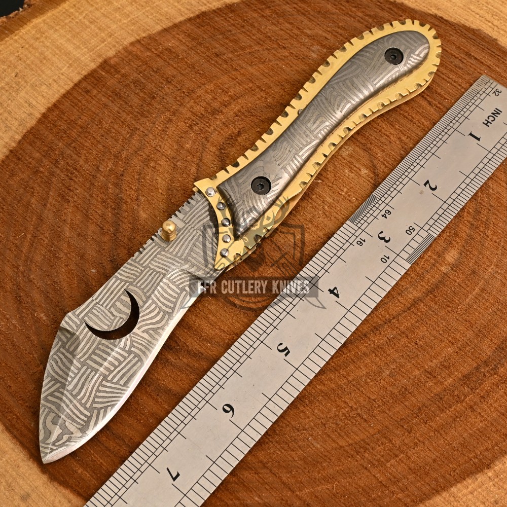 Custom Hand Forged Mosaic Pattern Folding Pocket Knife Mosaic Pattern &Brass Handle-Gift for Boyfriend, Fathers Day Gift ,Anniversary Gift for him